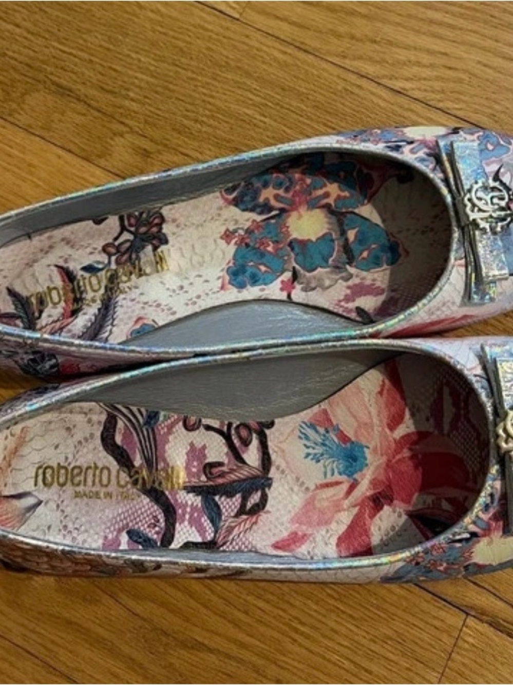 Roberto Cavalli Metallic Floral Ballet Flats - Silver Multicolor